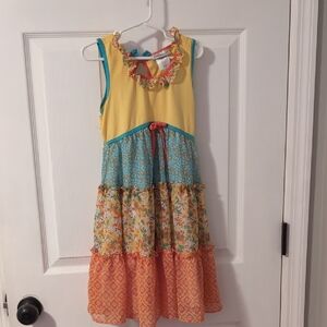 Jona Michelle Yellow, Teal & Coral Tiered Floral Girls Dress